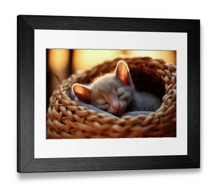 Framed Print : Kitten asleep in basket. (AI Generated.)