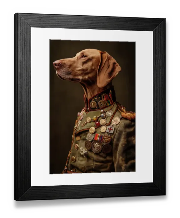 Framed Print : Hungarian Vizsla dog wearing coat with medals. (AI Generated) Framed Print : Hungarian Vizsla dog wearing coat with medals. (AI Generated)