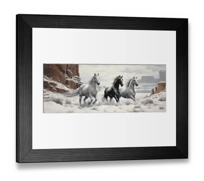 Framed Print : Panoramic of horses running on desert snow. (AI Generated)