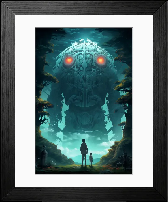 Framed Print : Gigantic fantasy robot with glowing eyes. (AI Generated) Framed Print : Gigantic fantasy robot with glowing eyes. (AI Generated)