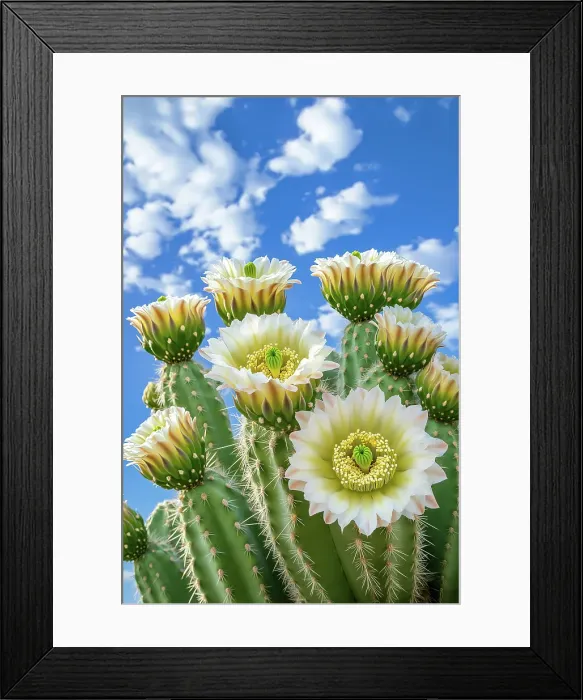 Framed Print : Close-up of desert cactus with white flowers. (AI Generated)