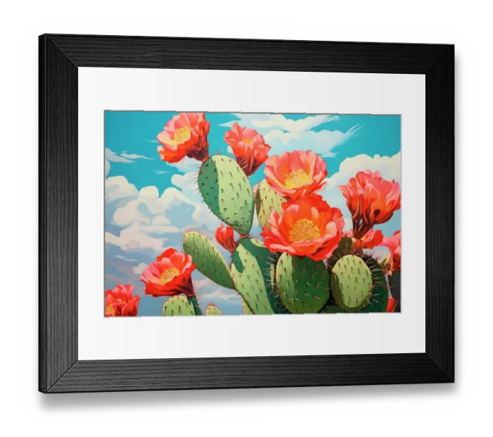 Framed Print : Close-up of desert cactus with red flowers. (AI Generated) Framed Print : Close-up of desert cactus with red flowers. (AI Generated)