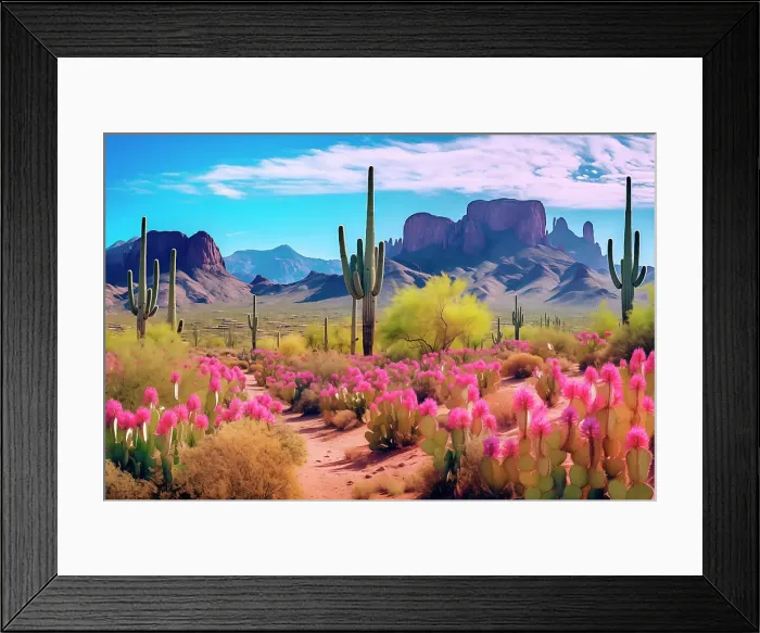 Framed Print : Fantasy of desert cacti and colorful flowers. (AI Generated) Framed Print : Fantasy of desert cacti and colorful flowers. (AI Generated)