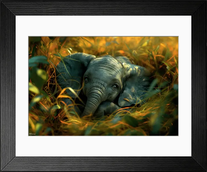 Framed Print : Close-up of baby elephant in vegetation. (AI Generated) Framed Print : Close-up of baby elephant in vegetation. (AI Generated)