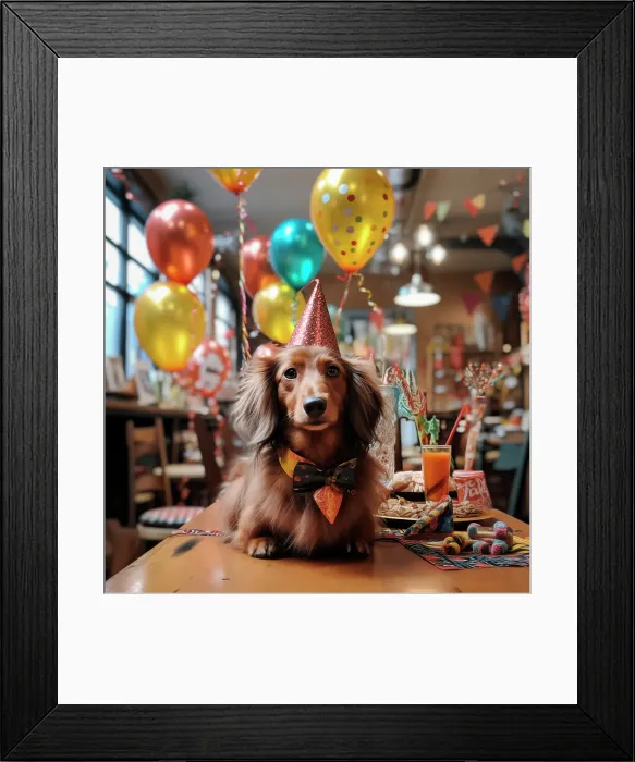 Framed Print : Dachshund adult dog at birthday party. (AI Generated) Framed Print : Dachshund adult dog at birthday party. (AI Generated)