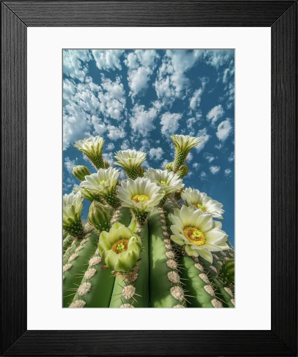 Framed Print : Close-up of desert cactus with white flowers. (AI Generated) Framed Print : Close-up of desert cactus with white flowers. (AI Generated)
