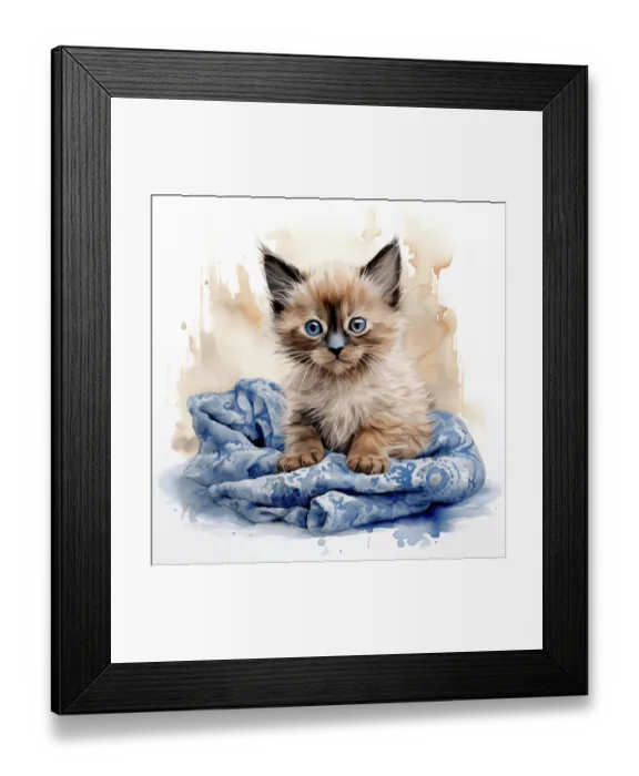 Framed Print : Kitten with blue eyes on blanket. (AI Generated)