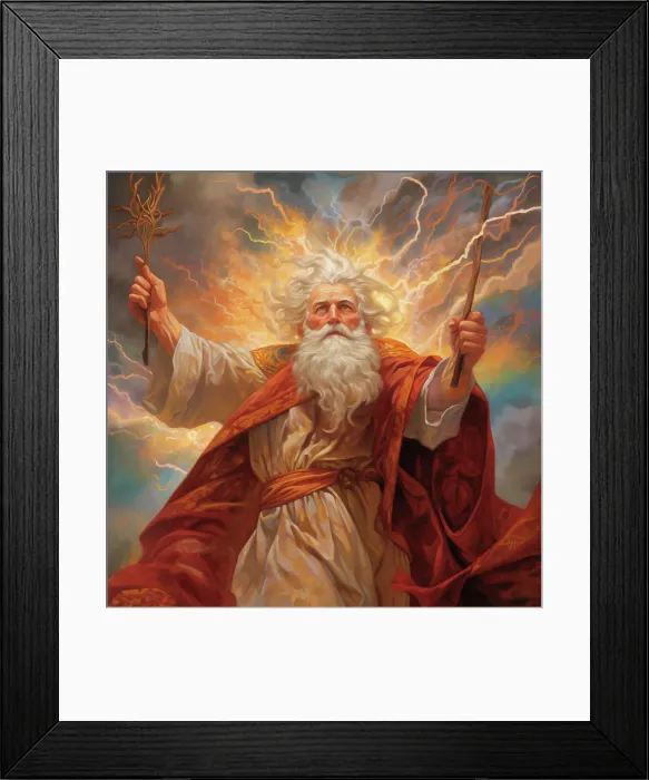 Framed Print : Wizard with wands and lightning graphic. (AI Generated)