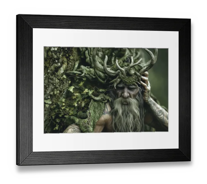 Framed Print : Close-up of man with antler hat and beard. (AI Generated) Framed Print : Close-up of man with antler hat and beard. (AI Generated)