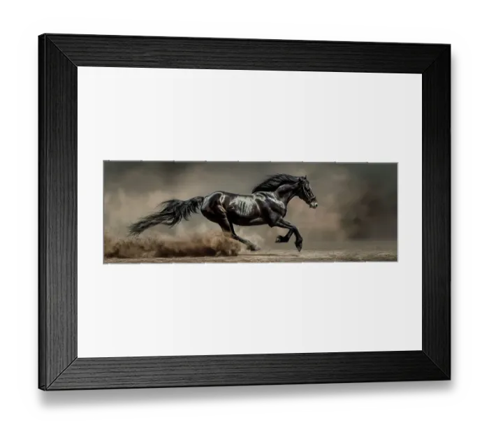 Framed Print : Panoramic of running black horse on soil. (AI Generated)
