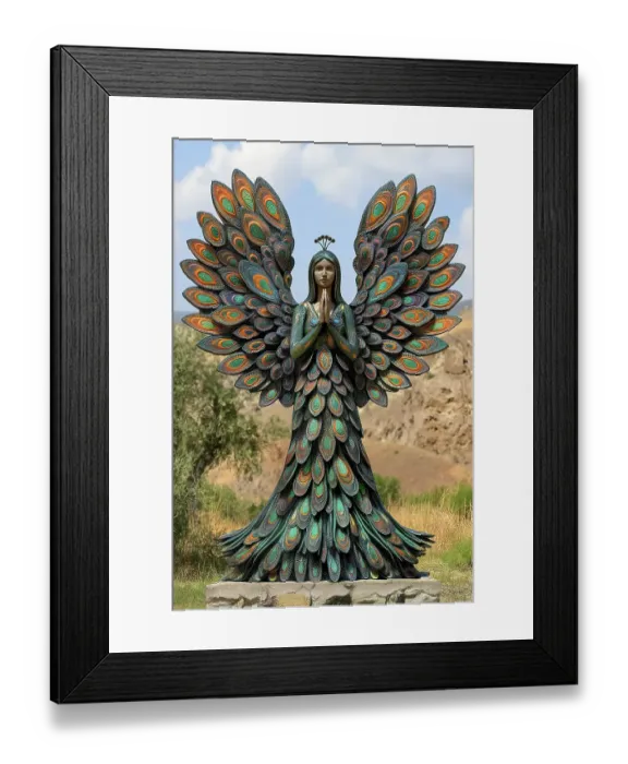 Framed Print : Statue of woman with feather-type wings and dress. (AI Generated) Framed Print : Statue of woman with feather-type wings and dress. (AI Generated)