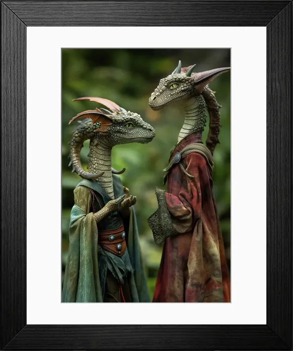 Framed Print : Close-up of two alien lizard-type creatures. (AI Generated)
