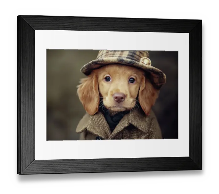 Framed Print : Close-up of dog wearing hat and coat. (AI Generated) Framed Print : Close-up of dog wearing hat and coat. (AI Generated)