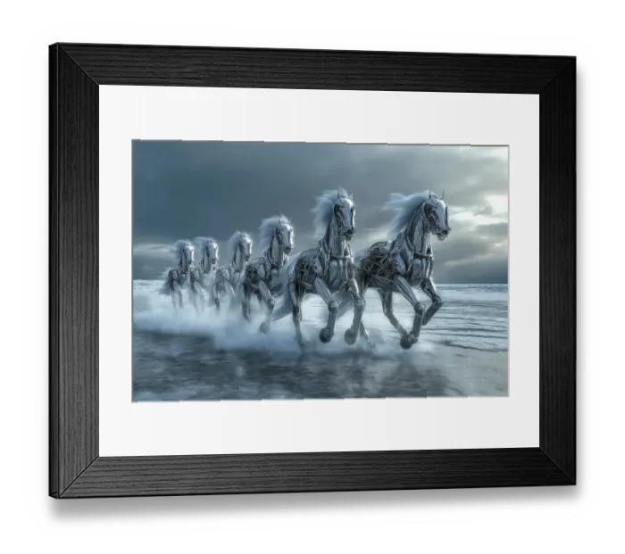 Framed Print : Line of fantasy metal horses running on beach water. (AI Generated) Framed Print : Line of fantasy metal horses running on beach water. (AI Generated)
