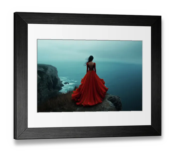 Framed Print : Back of woman in red flowing gown facing ocean. (AI Generated) Framed Print : Back of woman in red flowing gown facing ocean. (AI Generated)