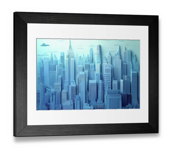 Framed Print : Fantasy blue downtown city landscape. (AI Generated)