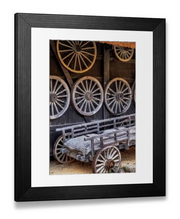 Framed Print : Wooden wagon wheels, Old Yoshimaya house, Hida No Sato, Hida Folk Village, Takayama, Japan