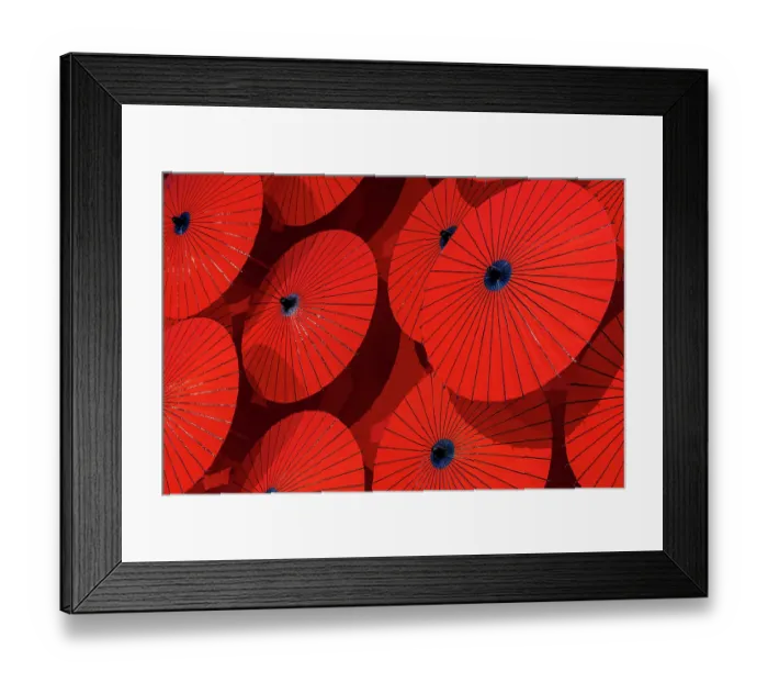 Framed Print : Red paper parasols on display, Arashiyama, Kyoto, Japan