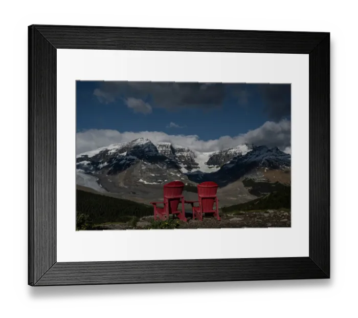 Framed Print : Canada, Alberta. Athabasca Glacier and lounge chairs looking across Icefields Parkway, Jasper National Park
