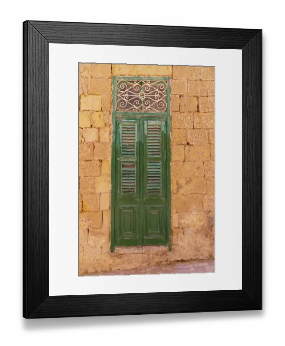 Framed Print : Malta, Birgu. Green shuttered door on stone wall