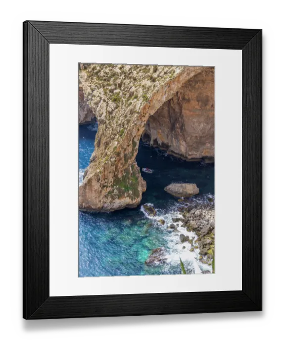Framed Print : Malta. The Blue Grotto, seen from above. Small tour boat Framed Print : Malta. The Blue Grotto, seen from above. Small tour boat