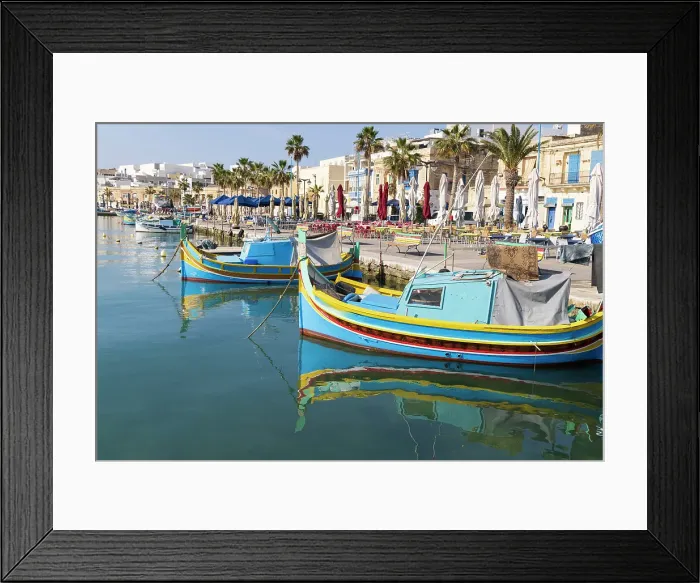 Framed Print : Malta, Marsaxlokk. Marsaxlokk harbor. Luzzijiet, plural of luzzu, colorful traditional Maltese fishing boats