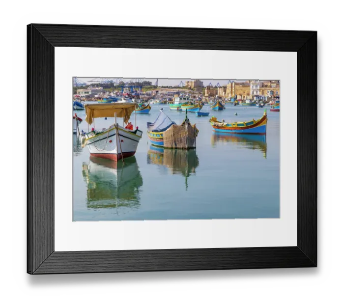 Framed Print : Malta, Marsaxlokk. Marsaxlokk harbor. Luzzijiet, plural of luzzu, colorful traditional Maltese fishing boats