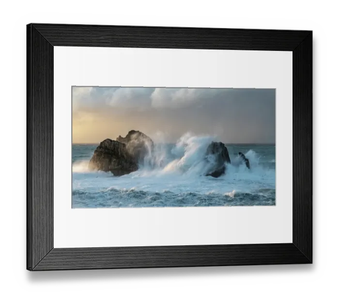 Framed Print : Spain, Liencres. Ocean waves and sea stack formations