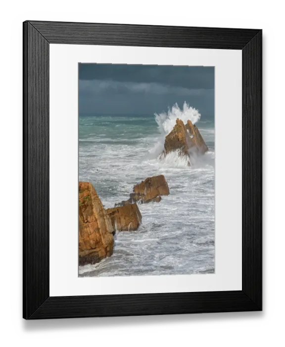 Framed Print : Spain, Liencres. Ocean waves and sea stack formations