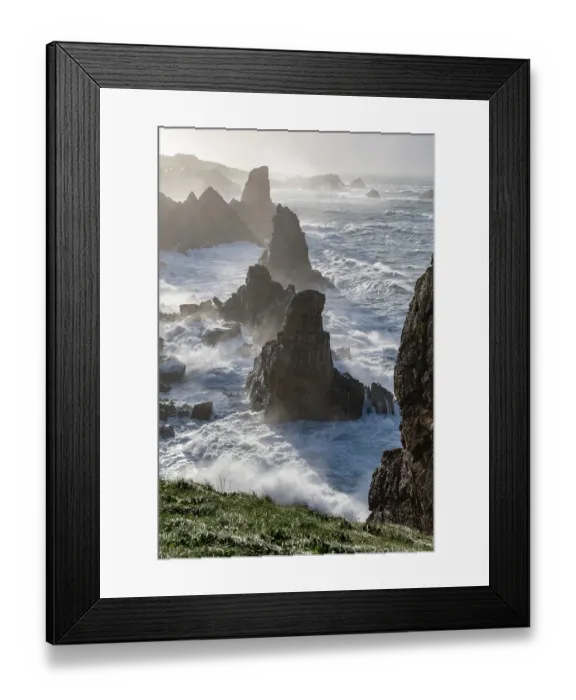 Framed Print : Spain, Liencres. Ocean waves and sea stack formations