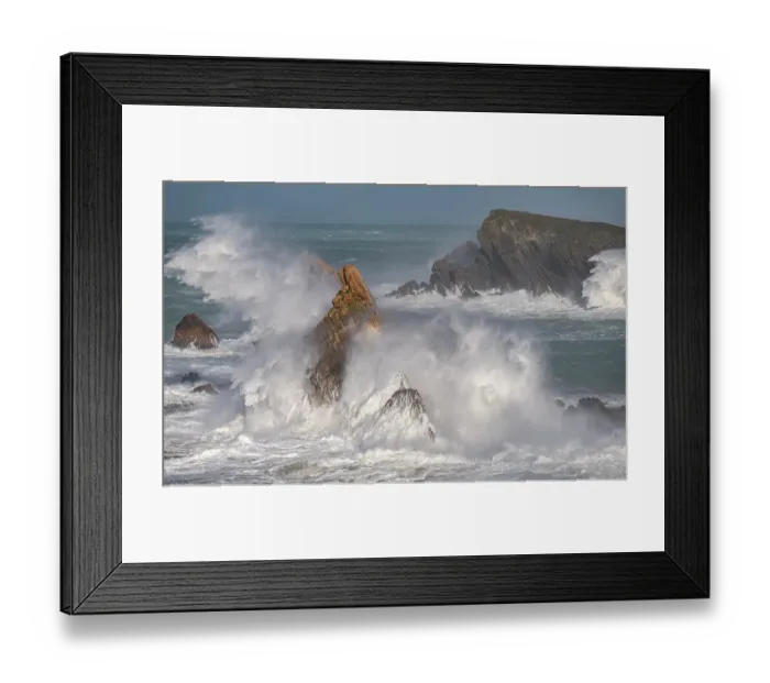 Framed Print : Spain, Liencres. Ocean waves and sea stack formations