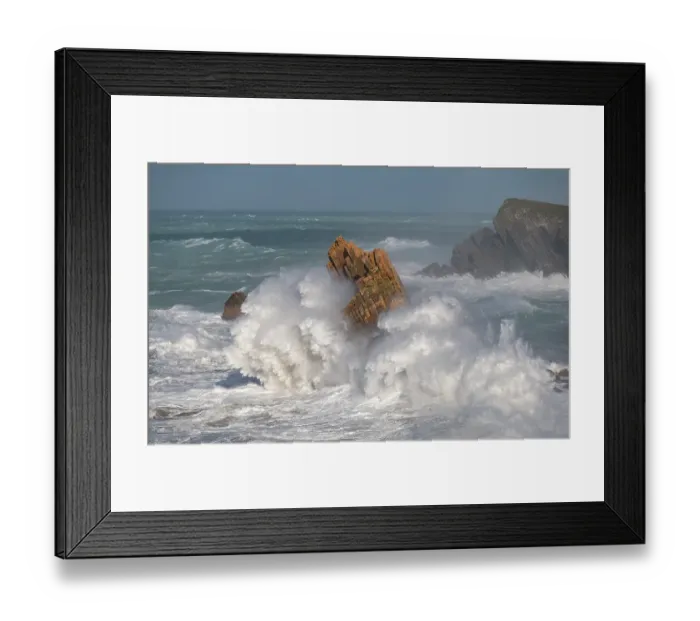 Framed Print : Spain, Liencres. Ocean waves and sea stack formations