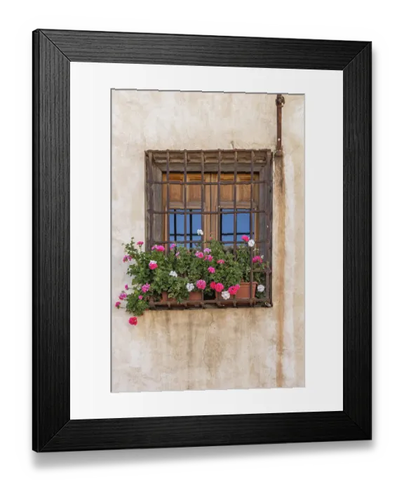 Framed Print : Albaicin, Granada, Province of Granada, Andalusia, Spain. Flowers in pots at a barred window Framed Print : Albaicin, Granada, Province of Granada, Andalusia, Spain. Flowers in pots at a barred window