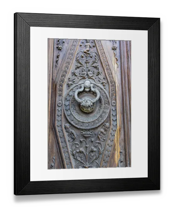 Framed Print : Albaicin, Province of Granada, Andalusia, Spain. Ornate metal knocker on a carved wooden door Framed Print : Albaicin, Province of Granada, Andalusia, Spain. Ornate metal knocker on a carved wooden door
