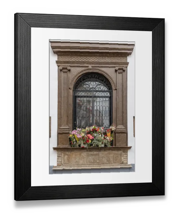 Framed Print : Andujar, Jaen Province, Andalusia, Spain. Cut flowers decorating a barred window on an old Spanish building Framed Print : Andujar, Jaen Province, Andalusia, Spain. Cut flowers decorating a barred window on an old Spanish building