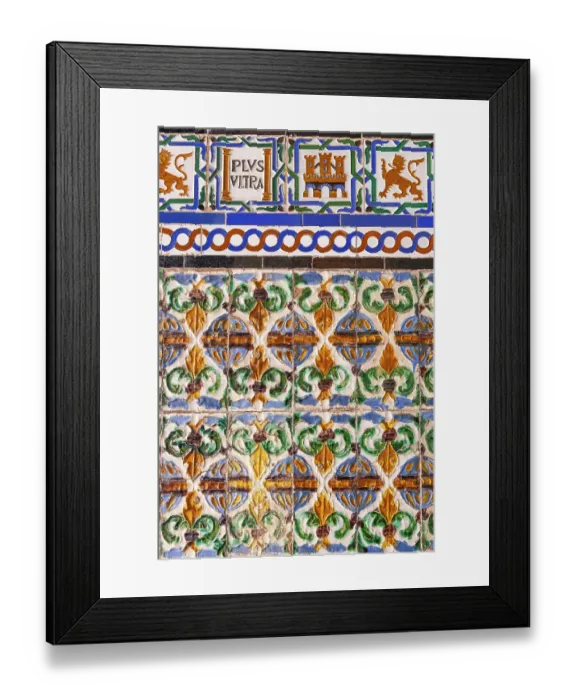 Framed Print : Casco Antiguo, Seville, Seville Province, Andalusia, Spain. May 5, 2023. Historic decorative tiles on display at the Alcazar of Seville, a former Moorish citadel. Editorial Use Only Framed Print : Casco Antiguo, Seville, Seville Province, Andalusia, Spain. May 5, 2023. Historic decorative tiles on display at the Alcazar of Seville, a former Moorish citadel. Editorial Use Only