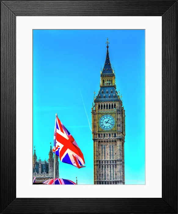 Framed Print : Big Ben and British Flag, houses of Parliament, Westminster, London, England Framed Print : Big Ben and British Flag, houses of Parliament, Westminster, London, England