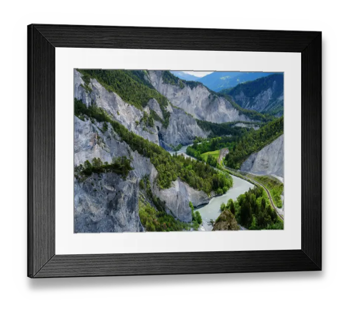 Framed Print : View into the canyon towards the train station Versam-Safien. Natural monument Ruinaulta canyon and river Vorderrhein near Ilanz, created by the Flims rockslide and an attraction of Graubunden, Switzerland Framed Print : View into the canyon towards the train station Versam-Safien. Natural monument Ruinaulta canyon and river Vorderrhein near Ilanz, created by the Flims rockslide and an attraction of Graubunden, Switzerland