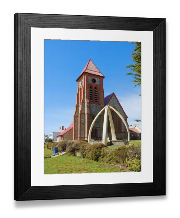 Framed Print : The church with Whalebone Arch, the icon of Stanley. Stanley, the capital of the Falkland Islands. South America, Falkland Islands, East Falkland