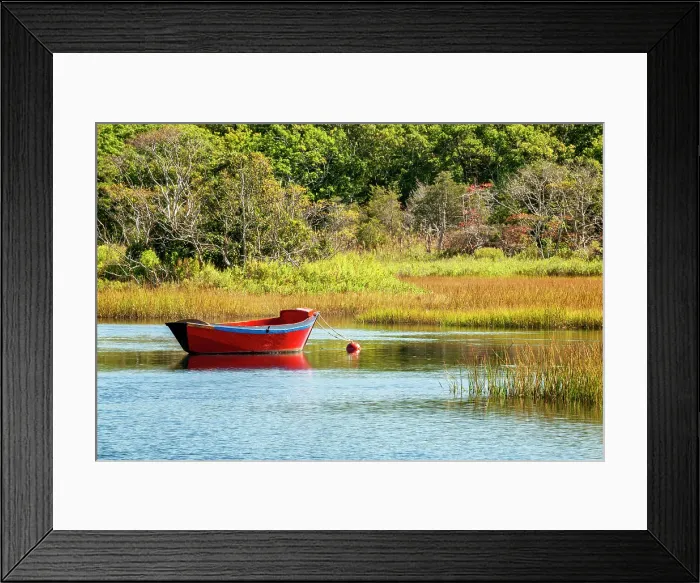 Framed Print : USA, Massachusetts, Cape Cod, West Harwich. A red dory is moored in calm waters on the Herring River Framed Print : USA, Massachusetts, Cape Cod, West Harwich. A red dory is moored in calm waters on the Herring River