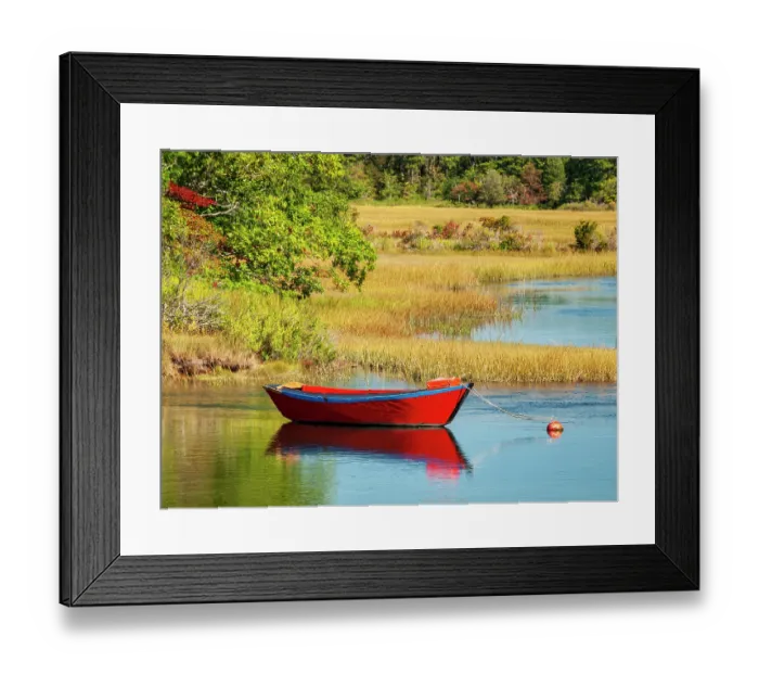 Framed Print : USA, Massachusetts, Cape Cod, West Harwich. Calm water surrounds a red dory moored on the Herring River Framed Print : USA, Massachusetts, Cape Cod, West Harwich. Calm water surrounds a red dory moored on the Herring River