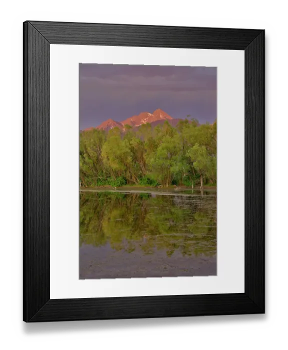 Framed Print : USA, Montana, Allentown. Evening light of Mission Mountains reflected in small pond
