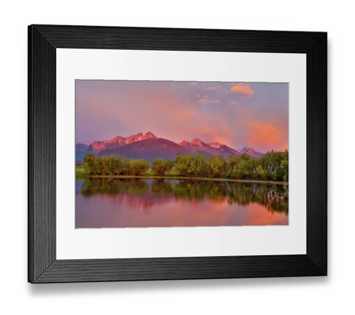 Framed Print : USA, Montana, Allentown. Evening light of Mission Mountains reflected in small pond