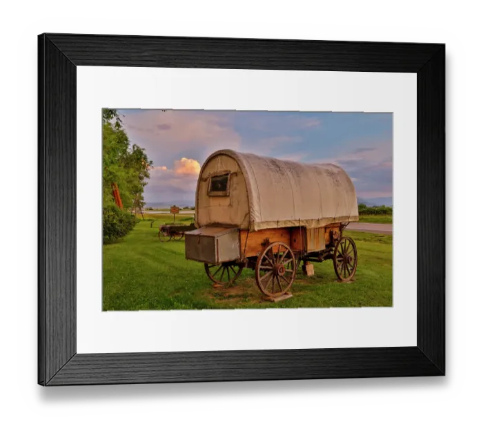 Framed Print : USA, Montana, Allentown. Evening light on covered wagon with evening sunset colors Framed Print : USA, Montana, Allentown. Evening light on covered wagon with evening sunset colors