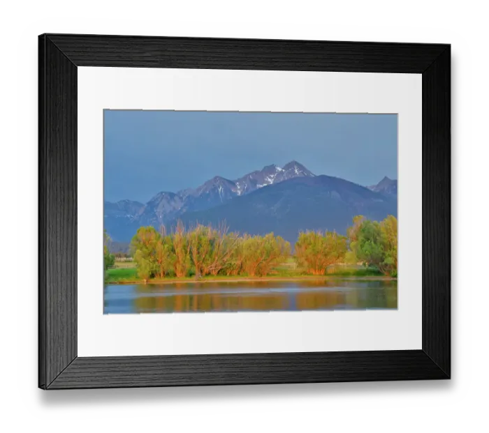 Framed Print : USA, Montana, Allentown. Evening light of Mission Mountains reflected in small pond