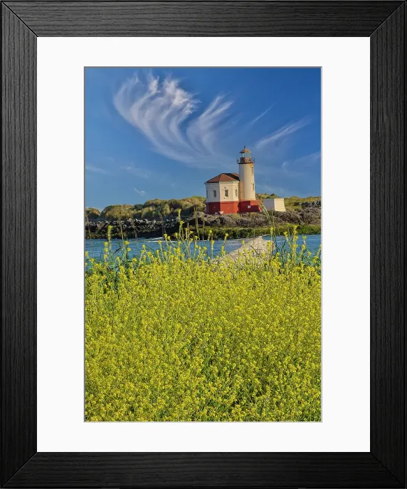 Framed Print : USA, Oregon, Bandon. Coquille River Lighthouse along the Pacific Coastline with foreground of wild mustard Framed Print : USA, Oregon, Bandon. Coquille River Lighthouse along the Pacific Coastline with foreground of wild mustard