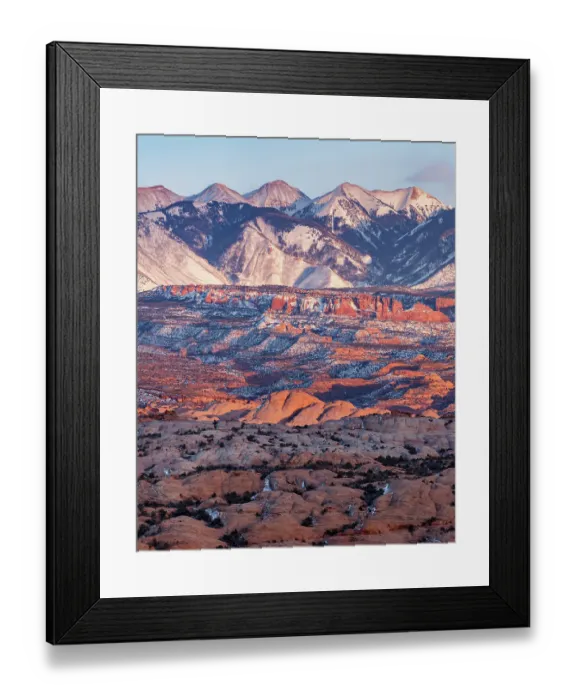 Framed Print : USA, Utah, Moab. Arches National Park, La Sal Mountains at sunset in winter Framed Print : USA, Utah, Moab. Arches National Park, La Sal Mountains at sunset in winter