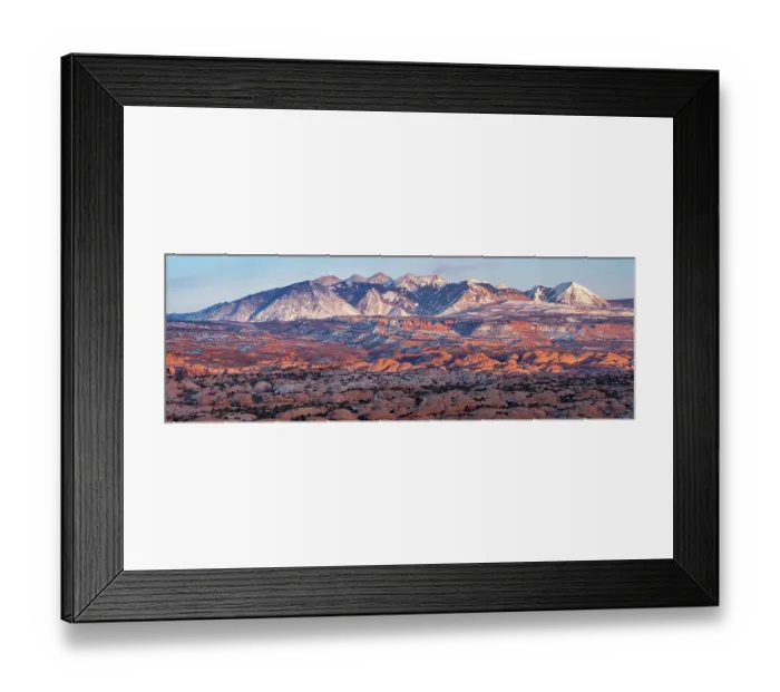 Framed Print : USA, Utah, Moab. Arches National Park, Panoramic view of La Sal Mountains at sunset in winter