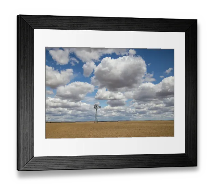 Framed Print : USA, Washington State. Highway 26 just west of Washtucna with clouds over wheat fields and windmill