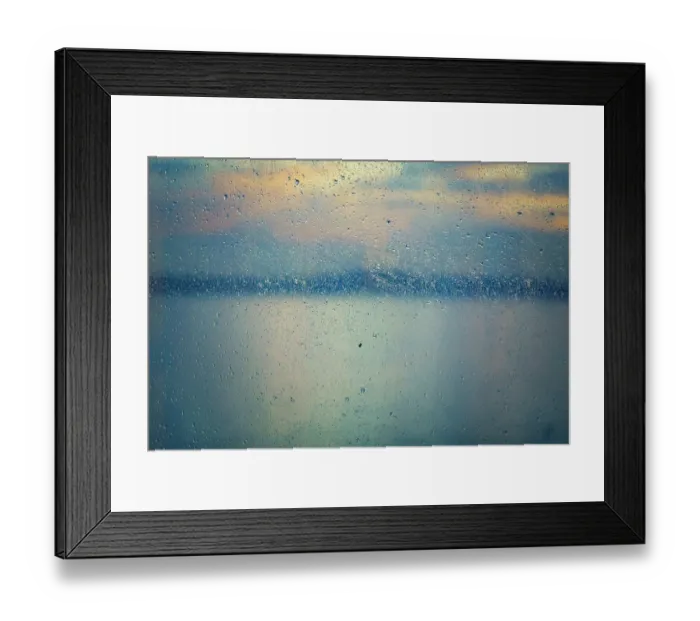 Framed Print : Raindrops on window with water view in background, Puget Sound, Washington State, USA Framed Print : Raindrops on window with water view in background, Puget Sound, Washington State, USA